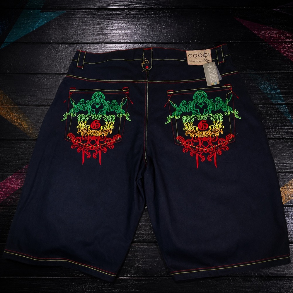 NWT Coogi Denim Shorts 40x15 Rasta Embroidered Designer Shorts Streetware